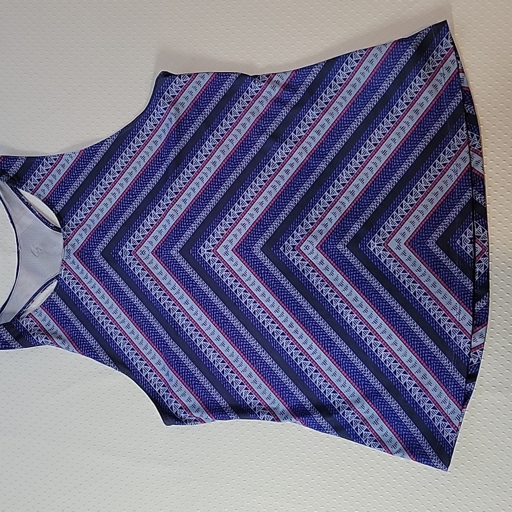 Prana Womens Raceback Workout Tank Top Boosted Print Dark Blue/Pink Size Large